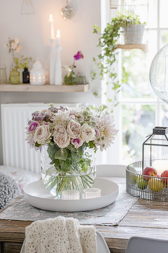 A summer bouquet  with cafe au lait dahlias and vintage roses