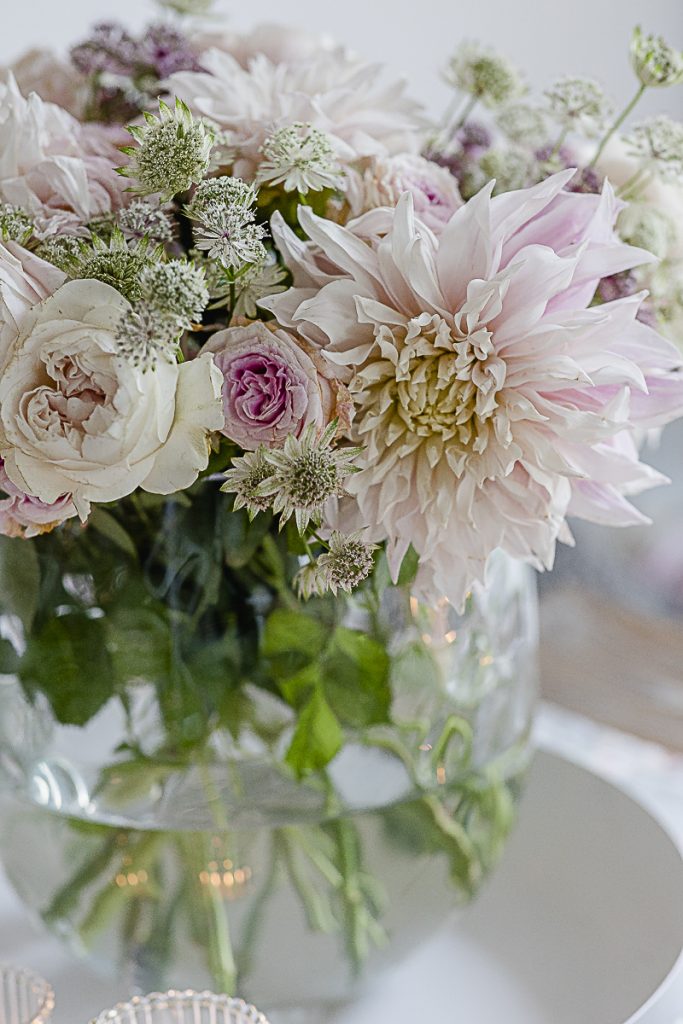 A summer bouquet  with cafe au lait dahlias and vintage roses