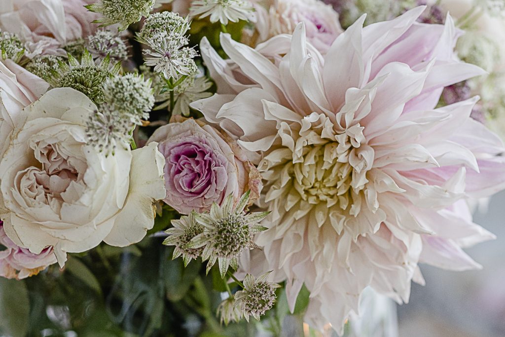 Dahlia Cafe au Lait with vintages roses, Pomponetti